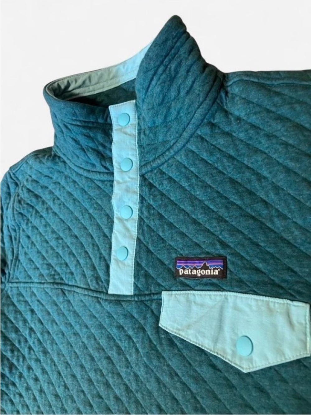 Patagonia Teal Blue Quilted Snap Pullover Organic Cotton Women’s Size Small - Picture 2 of 5